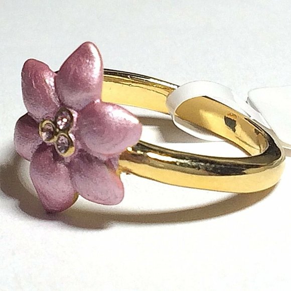 Gold Pink Plumeria Flower Ring Size 6 8 Crystal Yellow Plated Island Tropical - Picture 6 of 10